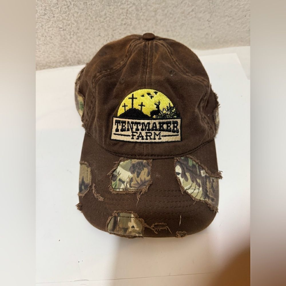 Camouflage Otto hat with biblical verse acts 18:3 tentmaker farm trucker hat.